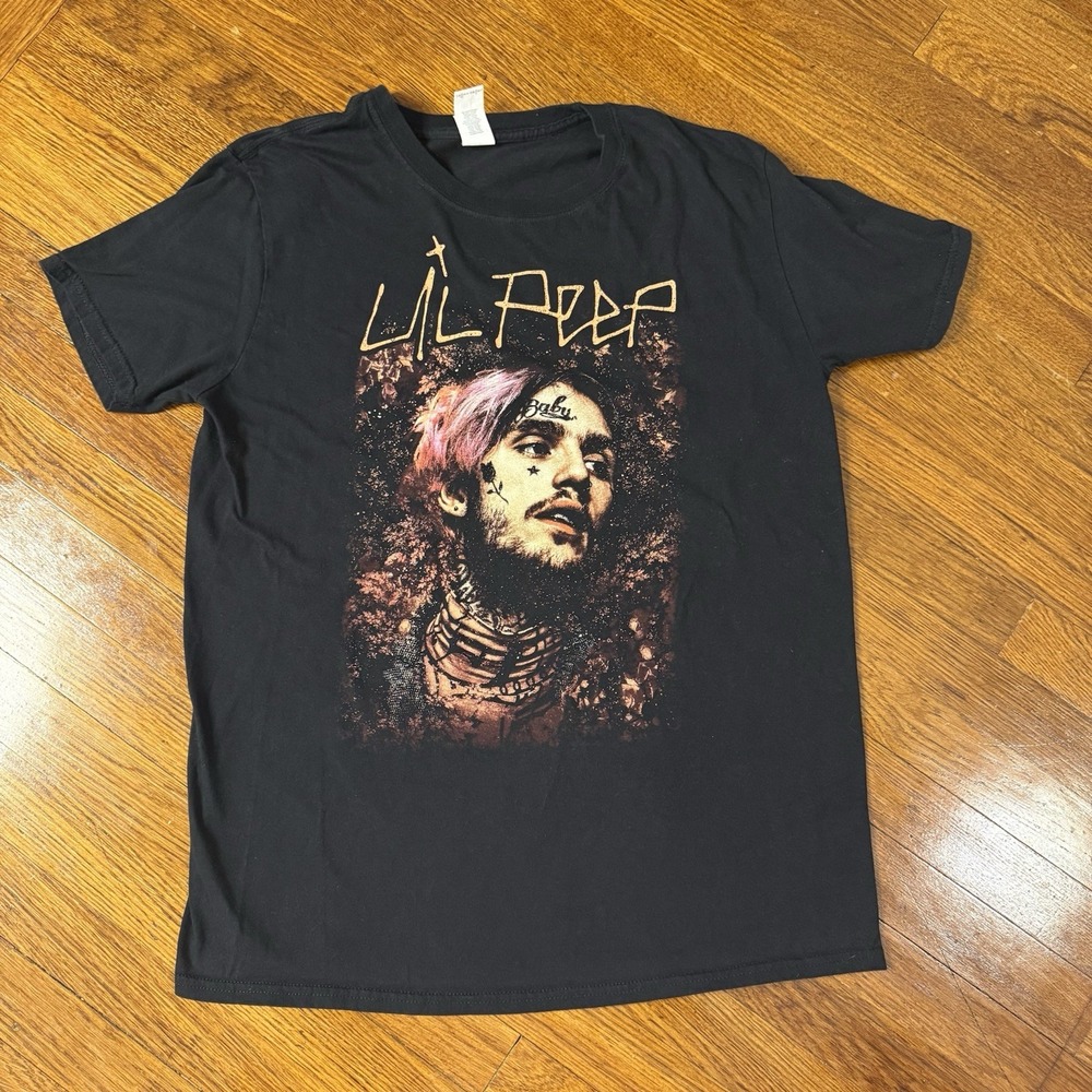 Lil Peep Floral Portrait T Shirt Graphic Rapper Black/pink Gildan Tag Size L